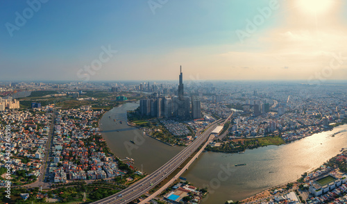 Drone view photo of Ho Chi Minh city skyline in morning © Quang
