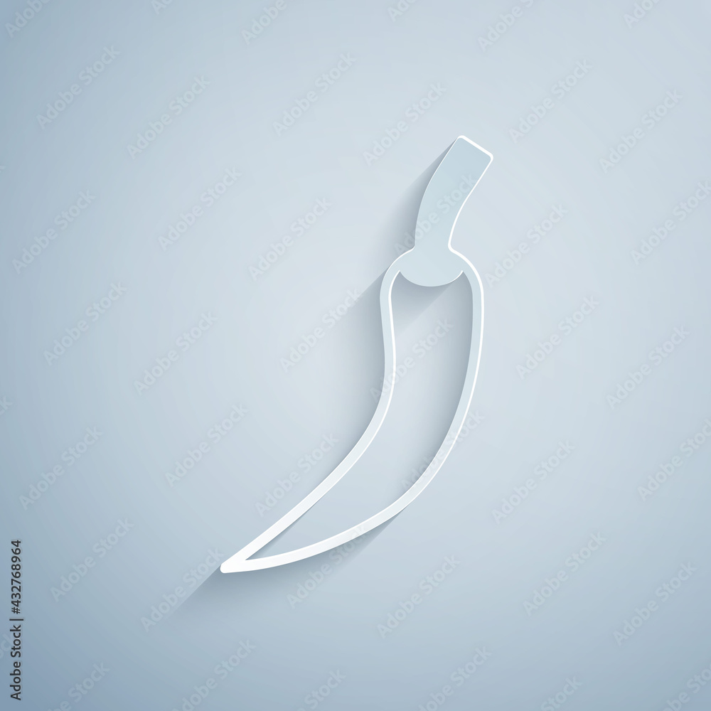 Paper cut Hot chili pepper pod icon isolated on grey background. Design for grocery, culinary products, seasoning and spice package, cooking book. Paper art style. Vector Paper cut Hot chili pepper pod icon isolated on grey background. Design for grocery, culinary products, seasoning and spice package, cooking book. Paper art style. Vector