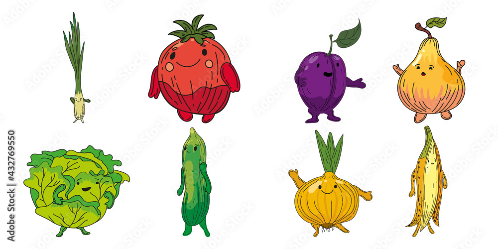 Vegetables set hand drawn scetch characters cartoon. Collection leek, onion, plum, pear cabbage, cucmber, onion, banana Vegetables set hand drawn scetch characters cartoon. Collection leek, onion, plum, pear cabbage, cucmber, onion, banana