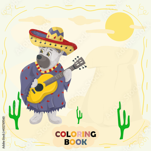 Book color flat illustration for small children in the style of doodle Teddy bear with guitar in the national costume of the Mexican