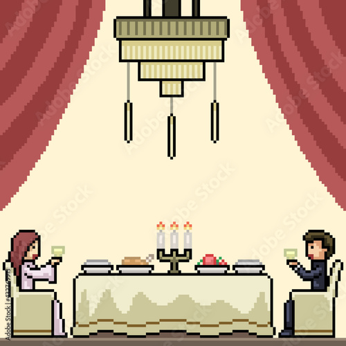 pixel art luxury couple dinner