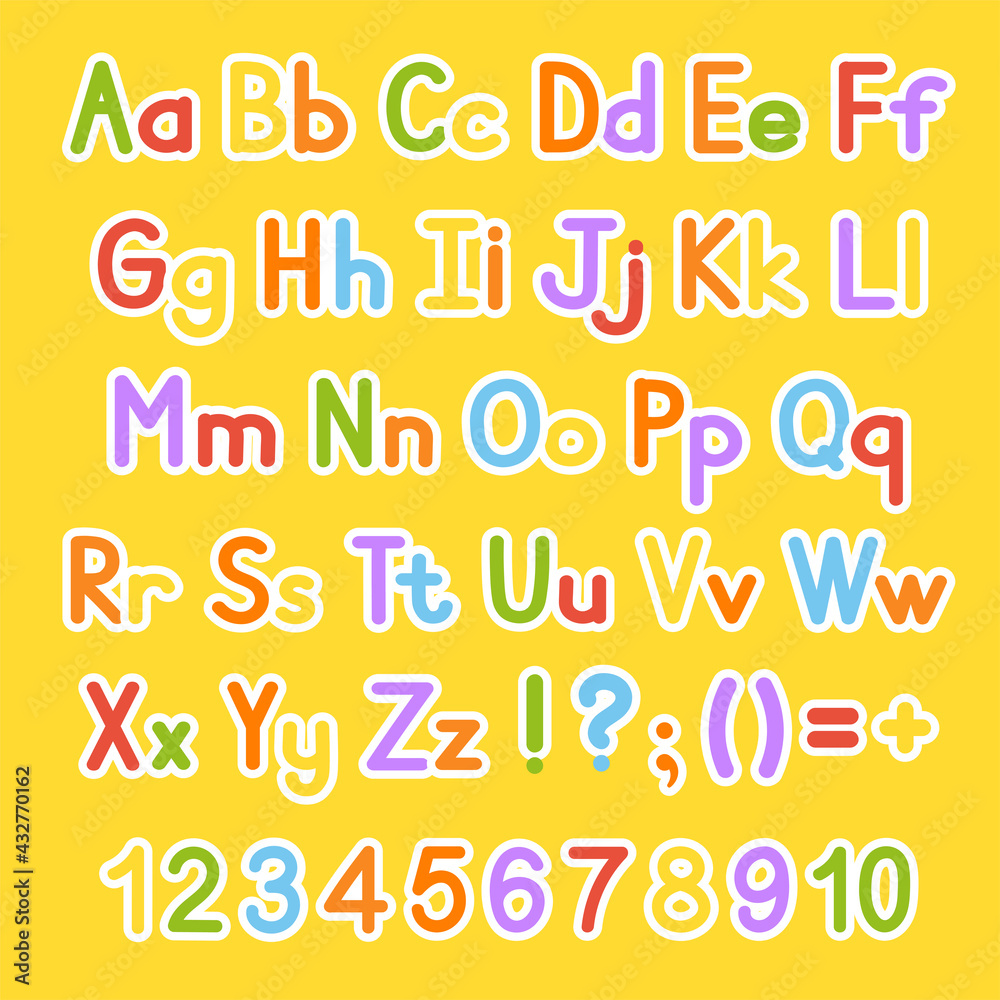 English alphabet. Vector set. Bright color style. Cartoon ABC. Funny hand drawn font. Numbers, lowercase and uppercase letters.