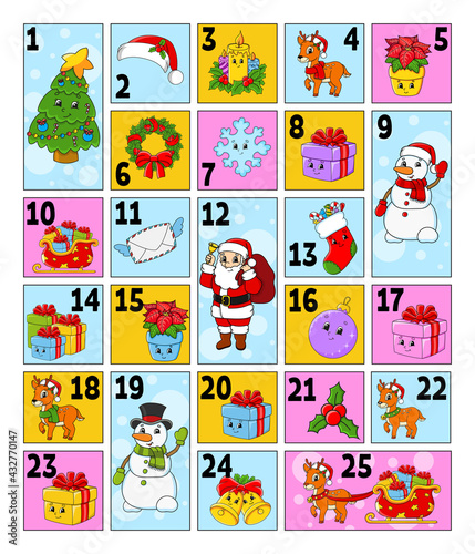 Christmas advent calendar with cute characters. Santa claus  deer  snowman  fir tree  snowflake  gift  bauble  sock. Cartoon style. With numbers 1 to 25. Vector illustration. Holiday preparation.