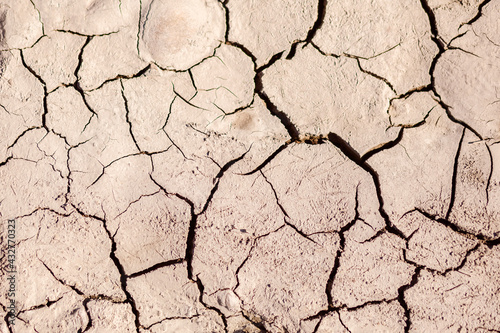 Dry cracked ground. Dry shallow background.