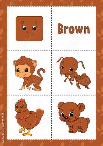 Learning colors. Flashcard for kids. Cute cartoon characters. Picture set for preschoolers. Education worksheet. Vector illustration.