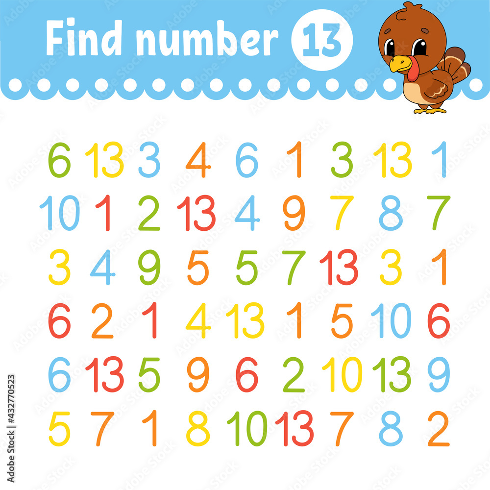 Find number. Education developing worksheet. Activity page with pictures. Game for children. Color isolated vector illustration. Funny character. Cartoon style. Find number. Education developing worksheet. Activity page with pictures. Game for children. Color isolated vector illustration. Funny character. Cartoon style.