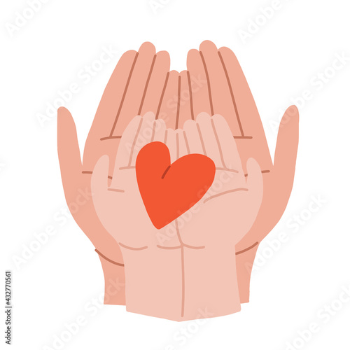 The hands of an adult and a child hold the heart. The adult imparts kindness, love and charity to the child. Blood Donate.Vector isolated fully editable illustration on white background.