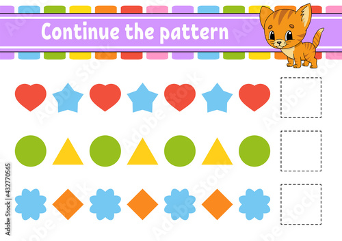 Continue the pattern. Education developing worksheet. Game for kids. Activity page. Puzzle for children. Riddle for preschool. Flat isolated vector illustration. Cute cartoon style.
