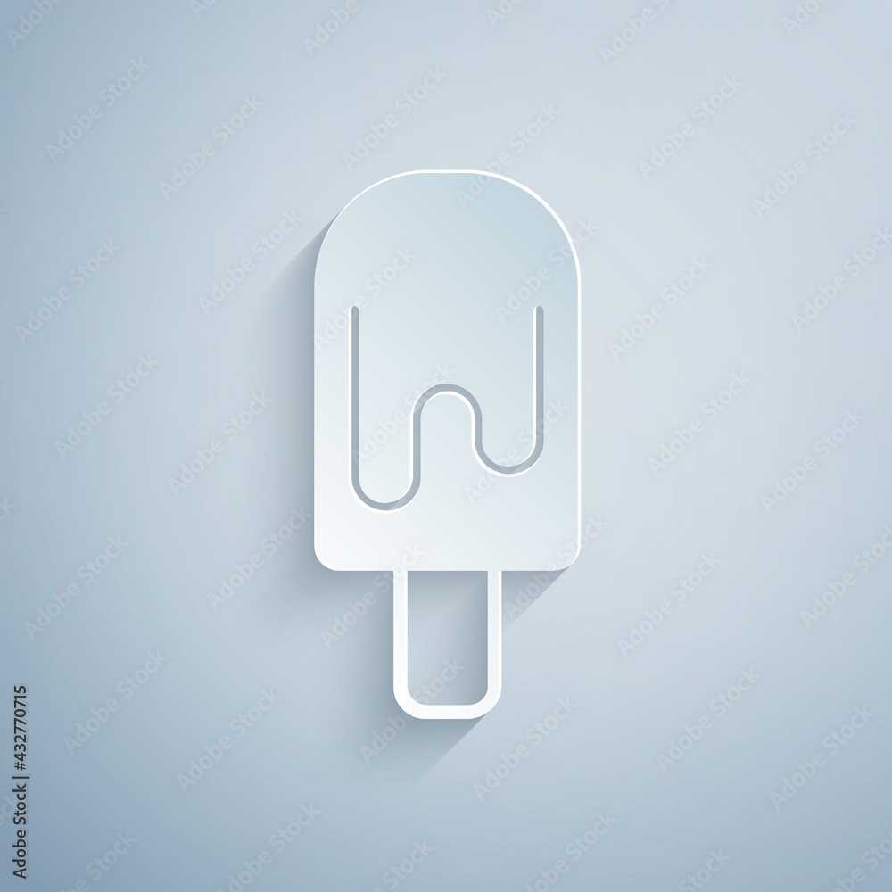 Paper cut Ice cream icon isolated on grey background. Sweet symbol. Paper art style. Vector Paper cut Ice cream icon isolated on grey background. Sweet symbol. Paper art style. Vector