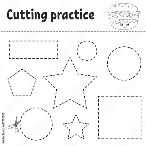 Cutting practice for kids. Education developing worksheet. Activity page with pictures. Game for children. Isolated vector illustration. Funny character. Cartoon style.