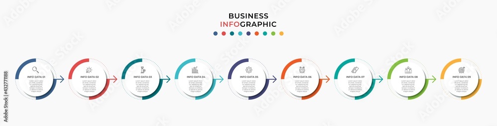 Vector Infographic circle label design business template with icons and 9 options or steps. Can be used for process diagram, presentations, workflow layout, banner, flow chart, info graph Vector Infographic circle label design business template with icons and 9 options or steps. Can be used for process diagram, presentations, workflow layout, banner, flow chart, info graph