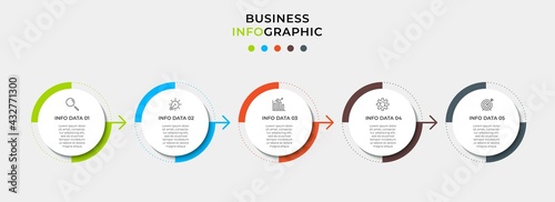 Vector Infographic circle label design business template with icons and 5 options or steps. Can be used for process diagram, presentations, workflow layout, banner, flow chart, info graph