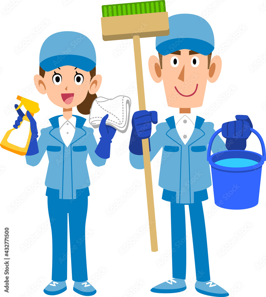 清掃用具を持った清掃作業員の男性と女性
