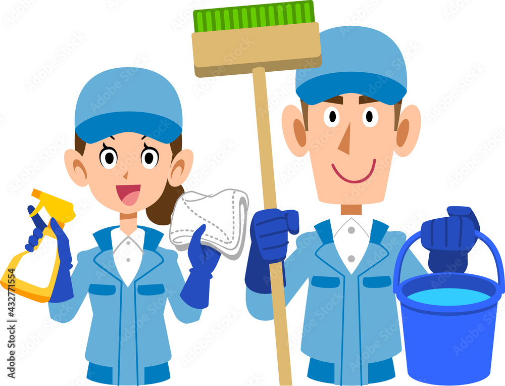 清掃用具を持った清掃作業員の男性と女性の上半身
