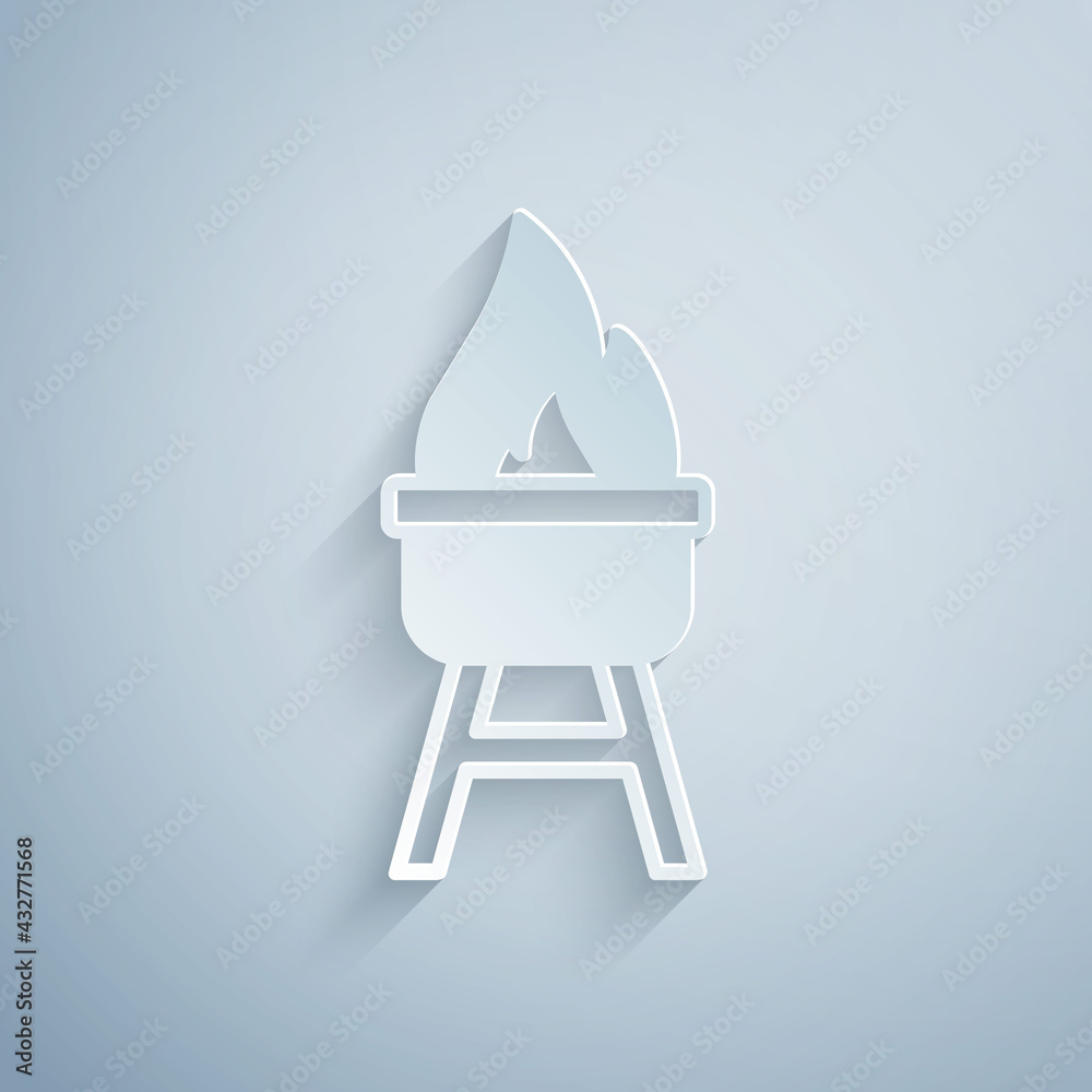 Paper cut Barbecue grill icon isolated on grey background. BBQ grill party. Paper art style. Vector Paper cut Barbecue grill icon isolated on grey background. BBQ grill party. Paper art style. Vector