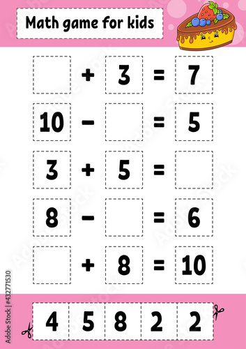 Math game for kids. Education developing worksheet. Activity page with pictures. Game for children. Color isolated vector illustration. Funny character. Cartoon style.