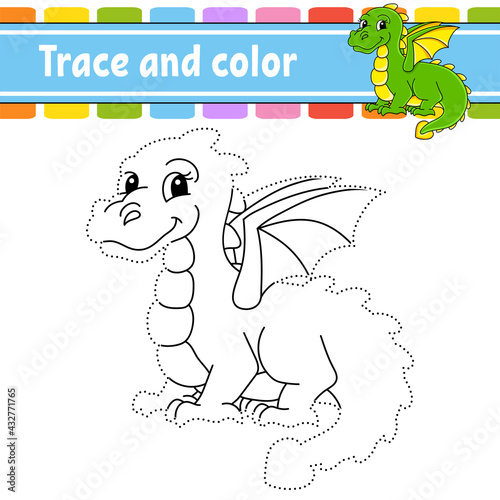 Trace and color. Coloring page for kids. Handwriting practice. Education developing worksheet. Activity page. Game for toddlers. Isolated vector illustration. Cartoon style. Fairytale theme.