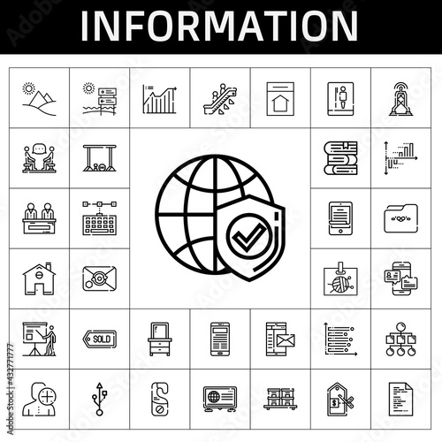 information icon set. line icon style. information related icons such as antenna, mail, usb, discussion, presentation, line chart, bar, file, price, bar chart, tag, stock