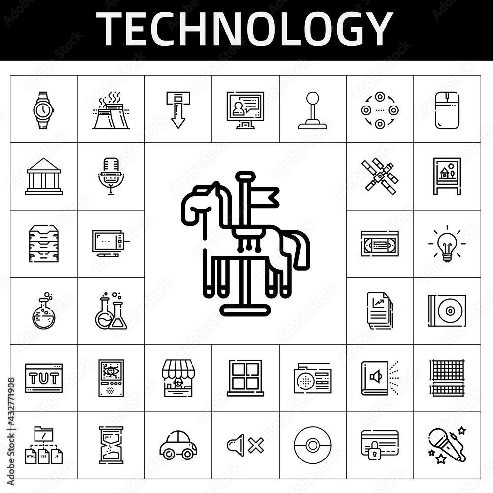 technology icon set. line icon style. technology related icons such as voice, vhs, audiobook, shop, idea, domotics, industry, carousel, radio, mouse, download, file, car
