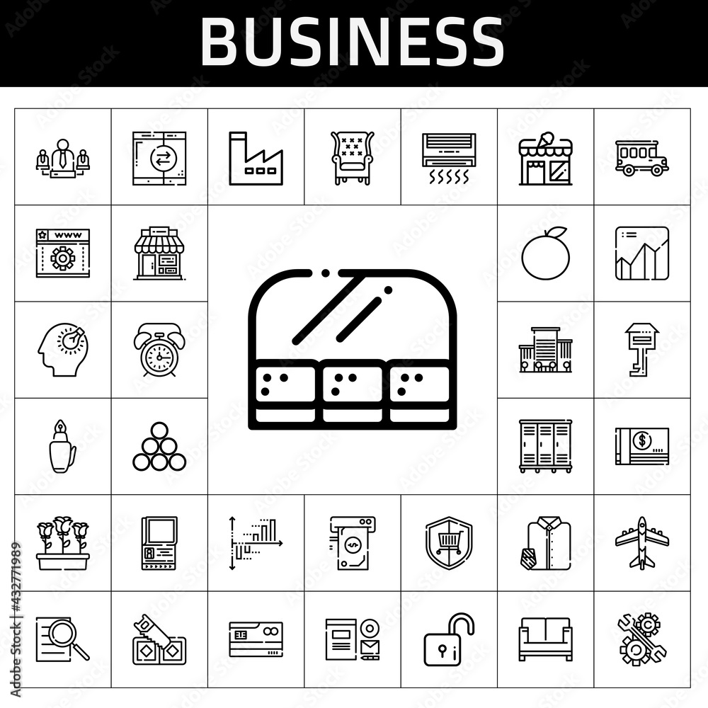 business icon set. line icon style. business related icons such as bus, shop, smartphone, branding, searching, industry, office, security, fountain pen, passport, armchair business icon set. line icon style. business related icons such as bus, shop, smartphone, branding, searching, industry, office, security, fountain pen, passport, armchair