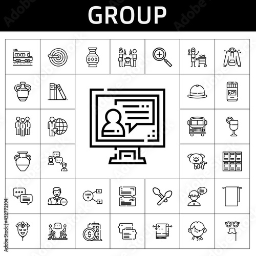 group icon set. line icon style. group related icons such as student, vase, discussion, employee, building, candidate, library, towel, spoon, hat, mask, group, zoom in, lockers