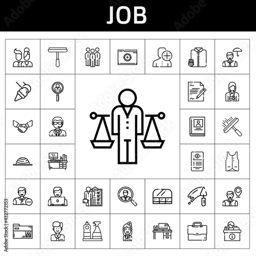 job icon set. line icon style. job related icons such as trowel, handshake, job search, briefcase, doorman, contract, vest, suit and tie, biography, employee, users, skills