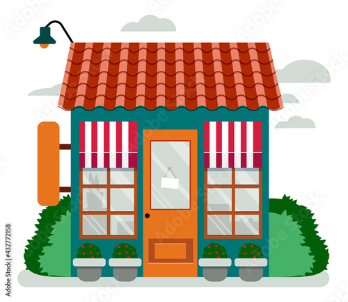 Shop facade in flat style. Building with flowers and green bushes