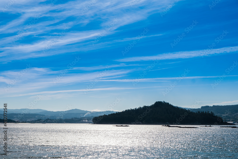 View of the Isla de Tambo, from the beach of Samieira in the Rias Baixas, Galicia (Spain)