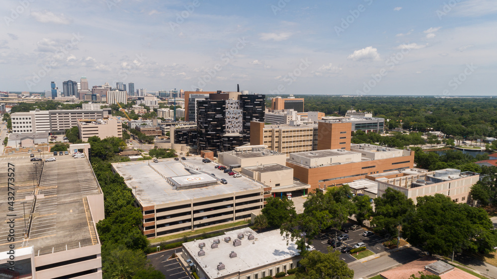 Aerial shot over ORMC hospital with downtown Orlando in the background.