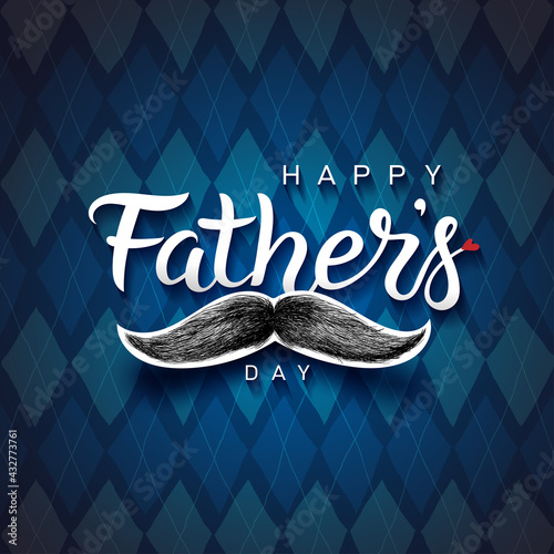 Happy Father's Day lettering phrase. Hand drawn Fathers day greeting text. White quote and black moustache. Prints, card design element. Moustache and repeating pattern background. Vector illustration