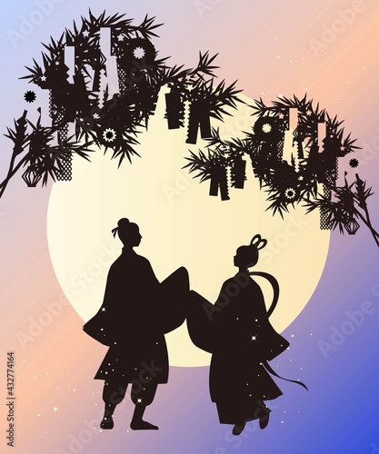 七夕イメージのイラスト素材 織り姫と彦星 ベクター月夜