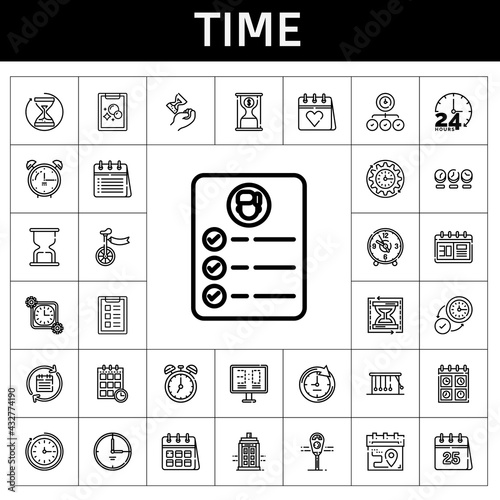 time icon set. line icon style. time related icons such as police box, calendar, alarm clock, time is money, parking meter, wall clock, clock, newtons cradle, schedule, task