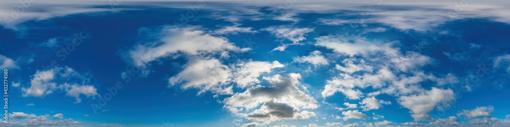 Blue sky panorama with Cirrus clouds in Seamless spherical equirectangular format. Full zenith for use in 3D graphics, game and editing aerial drone 360 degree panoramas for sky replacement. Blue sky panorama with Cirrus clouds in Seamless spherical equirectangular format. Full zenith for use in 3D graphics, game and editing aerial drone 360 degree panoramas for sky replacement.
