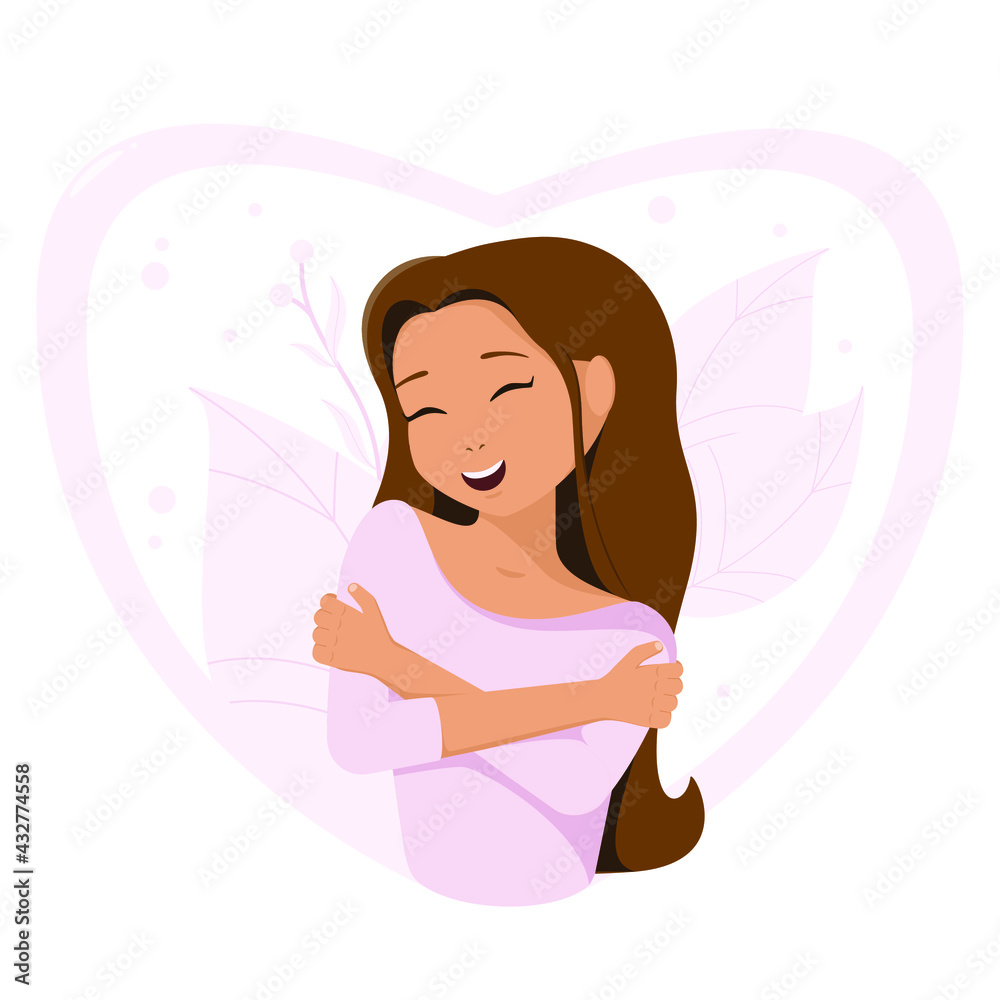 Love for yourself and your body. A beautiful young woman embraces herself against a background of delicate pink leaves and a large heart. Love for yourself and your body. A beautiful young woman embraces herself against a background of delicate pink leaves and a large heart.