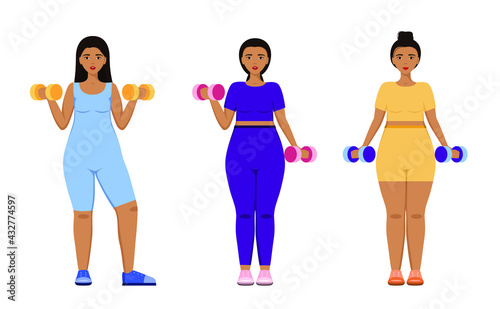 Set. Young fat girls play sports with dumbbells. Healthy lifestyle. Taking care of your body.