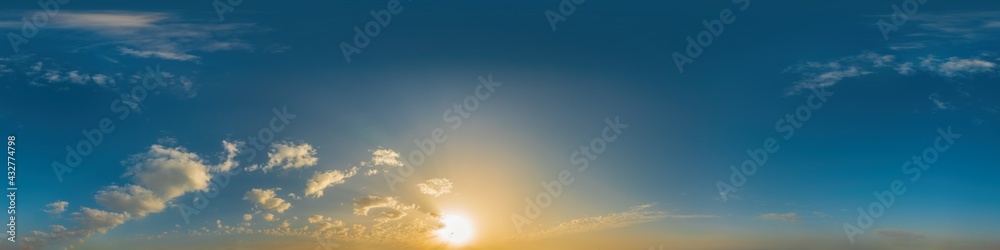 Blue sky panorama with Cirrus clouds in Seamless spherical equirectangular format. Full zenith for use in 3D graphics, game and editing aerial drone 360 degree panoramas for sky replacement.