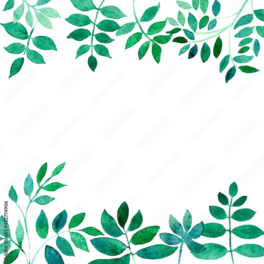 square frame of watercolor images of green leaves for an invitation, greeting or greeting card