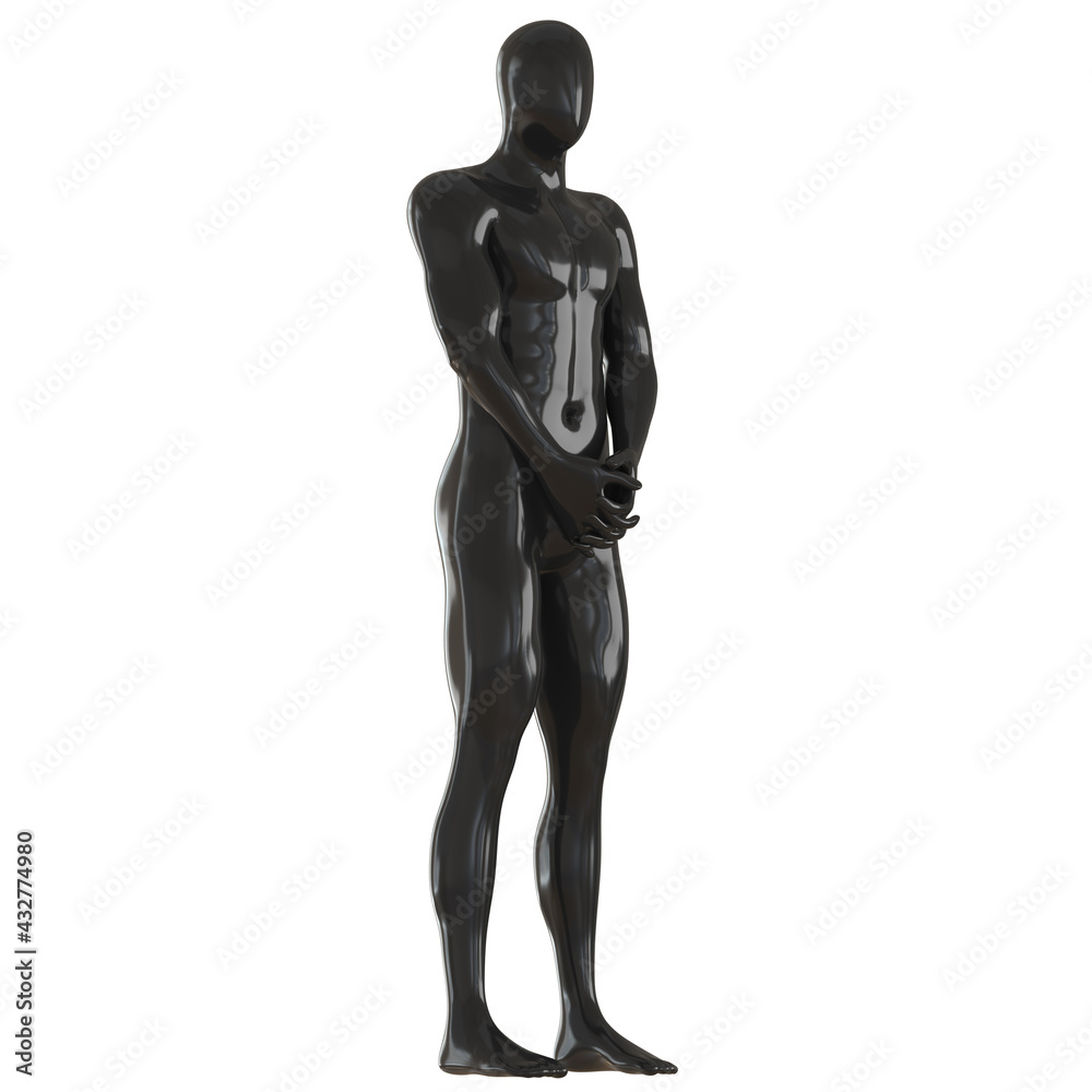 Black male faceless mannequin stands holding his hands at waist level on a white background. 3d rendering