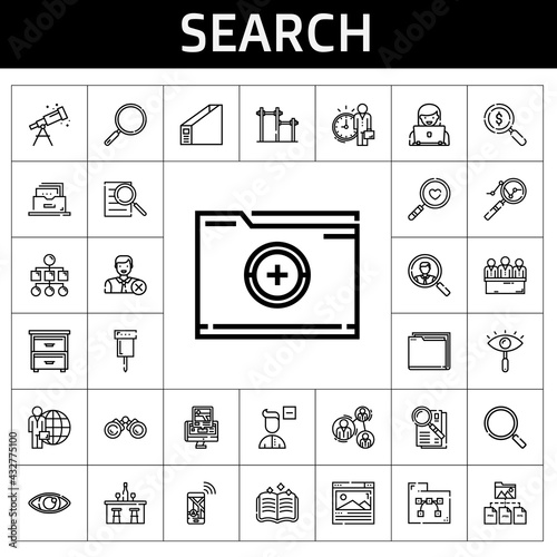 search icon set. line icon style. search related icons such as searching, filing cabinet, employee, observe, analytics, candidate, bar, navigation, spellbook, pin, browser