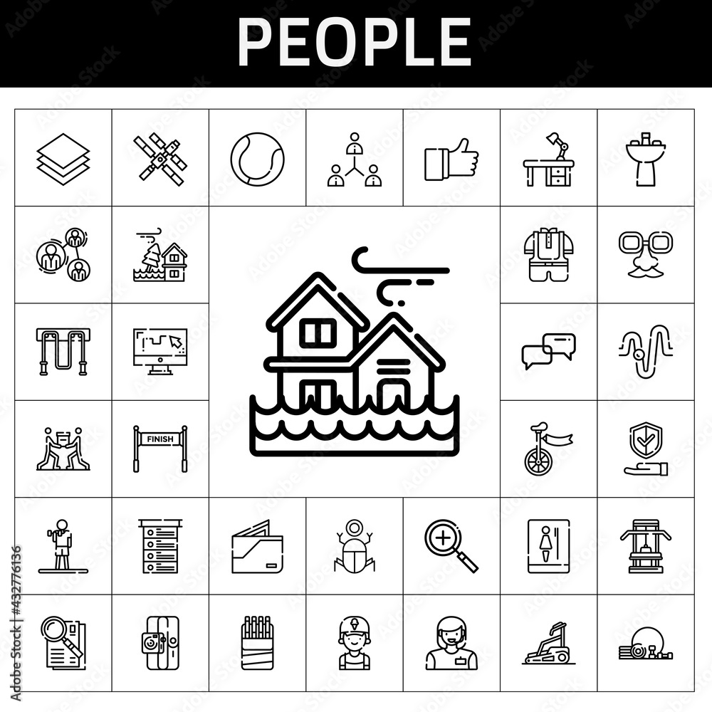 people icon set. line icon style. people related icons such as insurance, woman, kid, exercise, observe, layer, network, jumping rope, physics, unicycle, finish, conversation