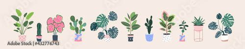 Home plants in flowerpot. Houseplants isolated. Trendy hugge style, urban jungle decor. Hand drawn. Set collection. Green, blue, white, pink, brown, beige pastel colors. Print, poster. Logo, label.