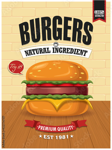 Vintage food poster design with vector burger.