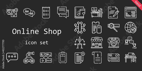 online shop icon set. line icon style. online shop related icons such as audiobook, website, search engine, contract, message, trolley, robot, exam, bar, chat, 24 hours, desk
