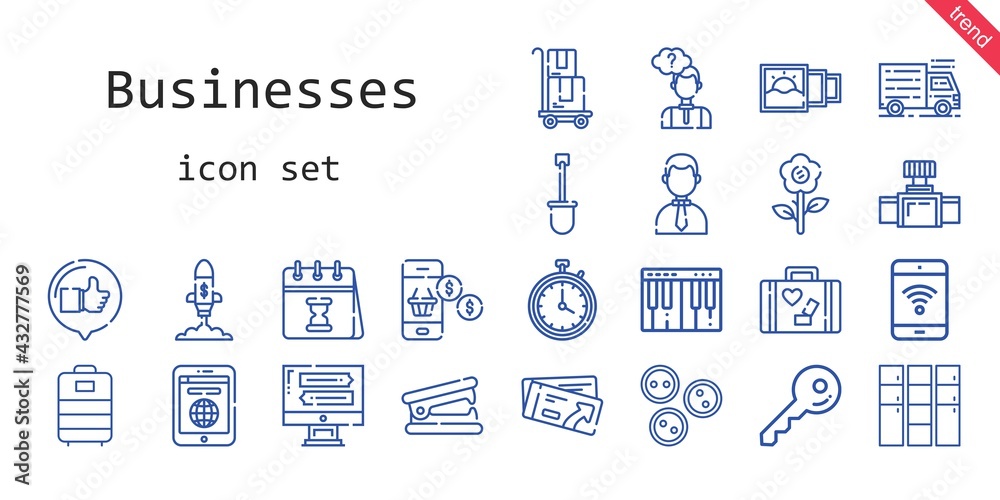 businesses icon set. line icon style. businesses related icons such as calendar, stapler remover, delivery, buttons, smartphone, ticket, like, truck, shovel, monitor, thinking businesses icon set. line icon style. businesses related icons such as calendar, stapler remover, delivery, buttons, smartphone, ticket, like, truck, shovel, monitor, thinking