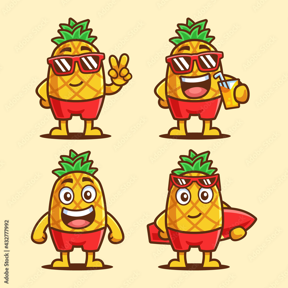 Pineapple Summer Cartoon Character Set Pineapple Summer Cartoon Character Set