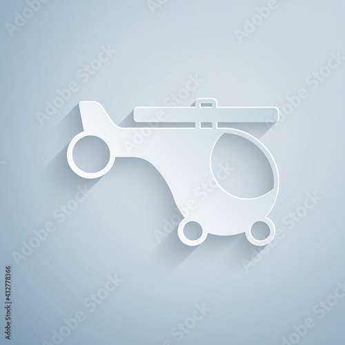 Paper cut Helicopter aircraft vehicle icon isolated on grey background. Paper art style. Vector © vector_v