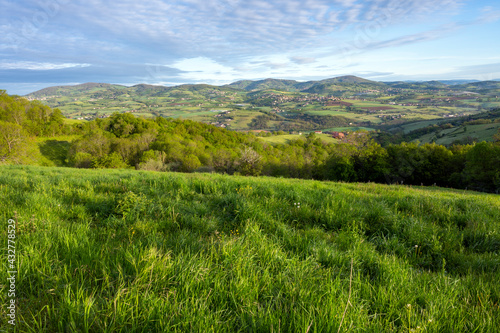 Paysage des Monts du Lyonnais dans le département du Rhône en France au printemps