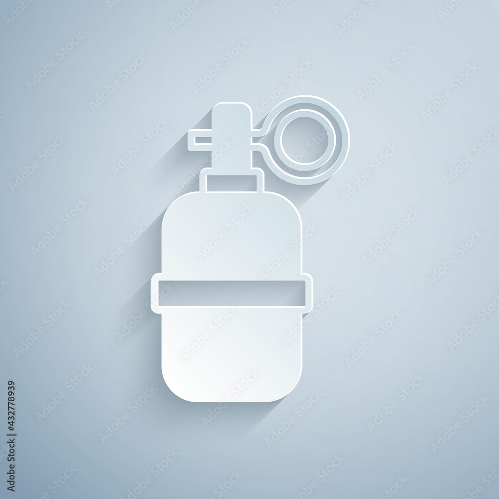Paper cut Hand grenade icon isolated on grey background. Bomb explosion. Paper art style. Vector Paper cut Hand grenade icon isolated on grey background. Bomb explosion. Paper art style. Vector