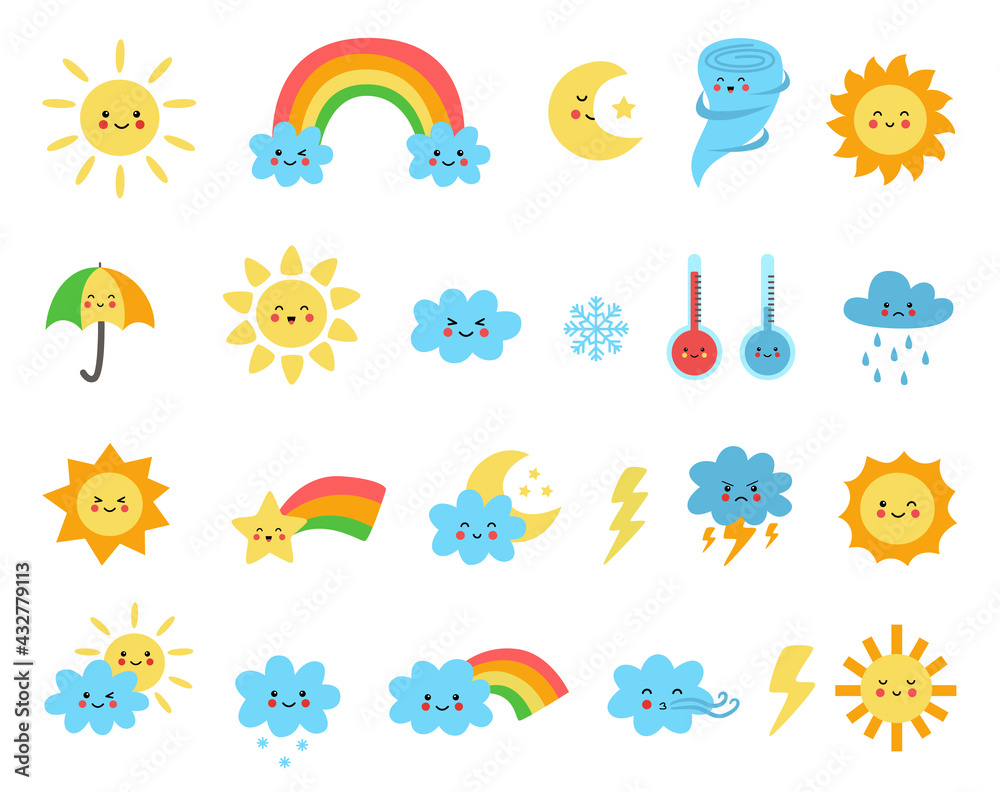 Set of cute cartoon weather icons. Vector illustrations.