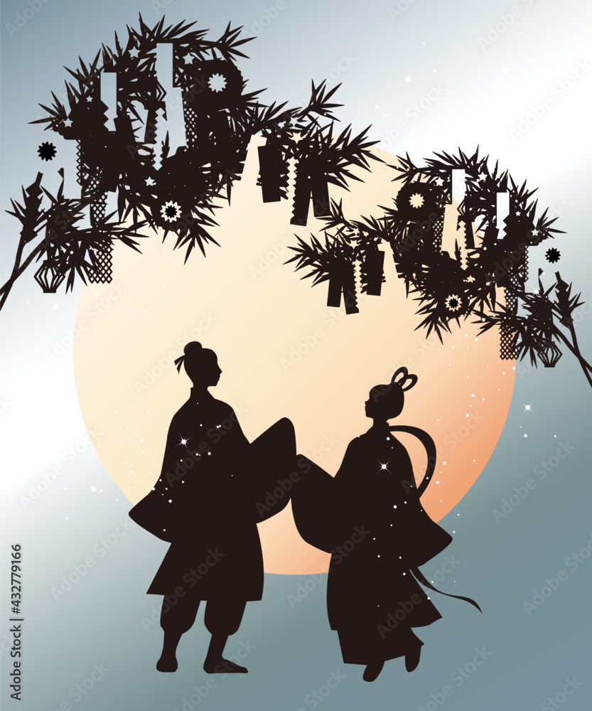 七夕イメージのイラスト素材 織り姫と彦星のシルエット 七夕飾り ベクター Stock Vector Adobe Stock